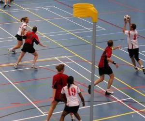 Puzzle Η korfbal, που ονομάζεται επίσης balonkorf, είναι ένα ομαδικό άθλημα παίζεται μεταξύ δύο ομάδων που κοιτάζει για να εισαγάγει μια μπάλα σε ένα καλάθι.